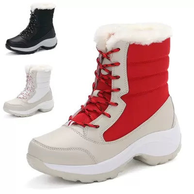 Winter Fur Lined Snow Boots Women Mid Calf Martin Boots Waterproof Anti Slip Outdoor Shoes