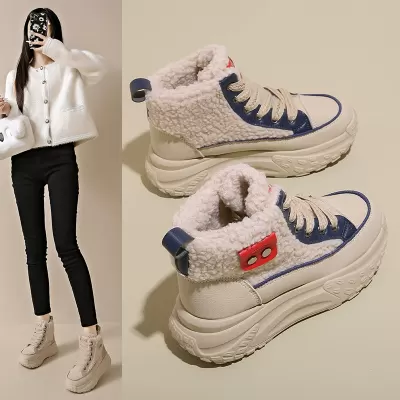 2025 Winter Fleece-Lined High-Top White Sneakers for Women Korean Warm Casual Shoes K6701