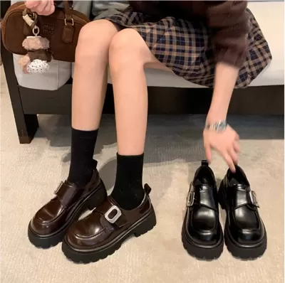 New Women's Preppy Square Buckle Slip-On Platform Chunky Heel Loafer Shoes for Fall Winter