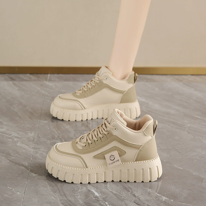 2025 Spring High-Top White Sneakers for Women Korean Style Thick Sole Casual Board Shoes