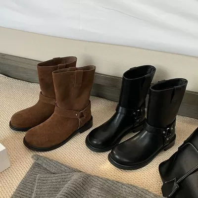 New Women's Vintage Metal Buckle Western Short Boots Round Toe Motorcycle Boots for Fall · YANYAN China shoe factory