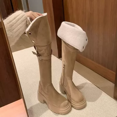 Women's 8cm Thick Sole Faux Shearling Chunky Heel Over-the-Knee Stretch Slim Long Boots for Fall Winter · YANYAN China shoe factory