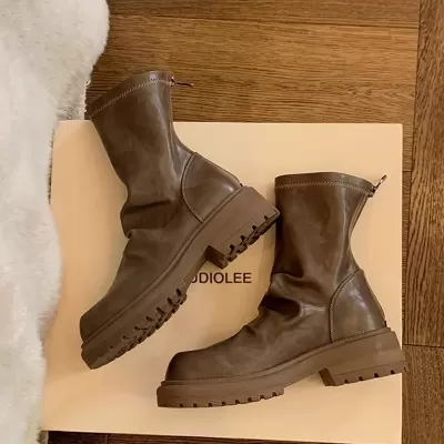 New Women's Chunky Heel Thick Sole Slim Boots Round Toe Pleated Back Zip Stacked Short Boots for Fall Winter · YANYAN China shoe factory