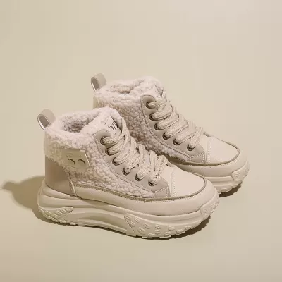 2025 Winter Fleece-Lined High-Top White Sneakers for Women Korean Warm Casual Shoes