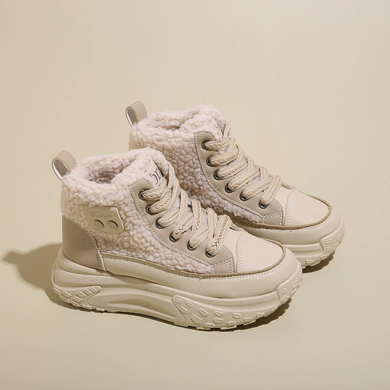 2025 Winter Fleece-Lined High-Top White Sneakers for Women Korean Warm Casual Shoes