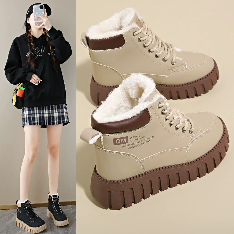 2024 Winter Martin Boots Korean Style High-Top Fleece-Lined for Women Thick Sole Casual Shoes K2509