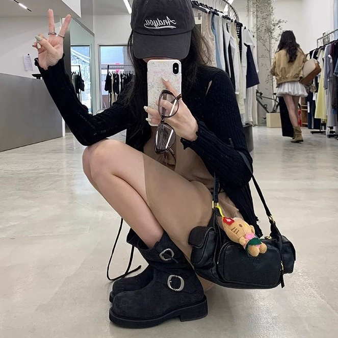 Women's Stacked Boots Wasteland Dune Soft Thick Sole Motorcycle Buckle Short Boots Martin Boots