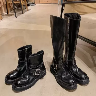 New Women's Vintage Belt Buckle Martin Boots Thick Sole Washed Horsehide Round Toe Chunky Heel Mid-Calf Boots · YANYAN China shoe factory