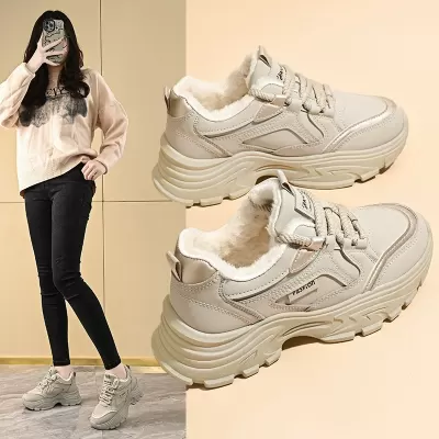 2024 Winter Fleece-Lined Dad Sneakers for Women Korean Warm Thick Sole Casual Running Shoes