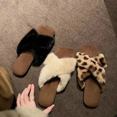 New Women's Square Toe Cross Strap Lazy Leopard Print Flat Fur Slippers for Fall Winter