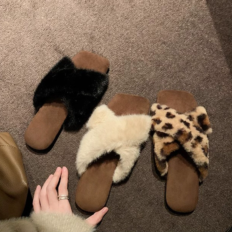 New Women's Square Toe Cross Strap Lazy Leopard Print Flat Fur Slippers for Fall Winter