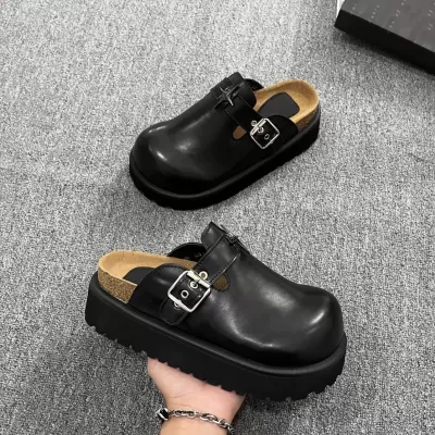 Women's 2025 New Birkenstock Thick Sole Toe-Cover Slippers, Genuine Leather Mules