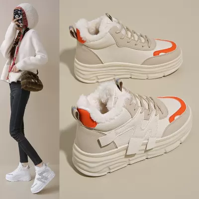 Winter Fleece-Lined High-Top White Sneakers for Women Korean Warm Thick Sole Casual Cotton Shoes
