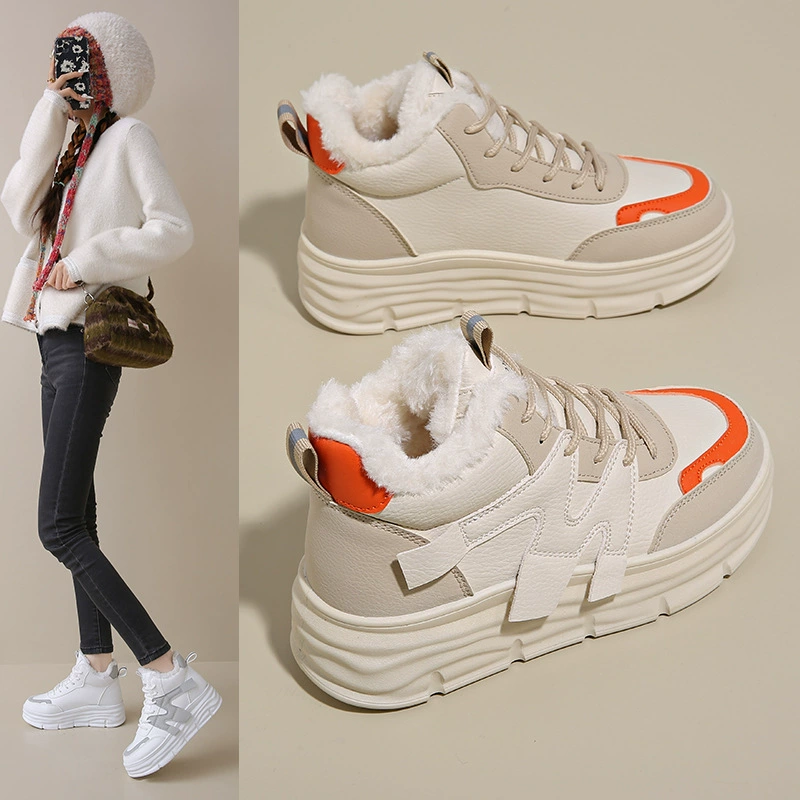 Winter Fleece-Lined High-Top White Sneakers for Women Korean Warm Thick Sole Casual Cotton Shoes