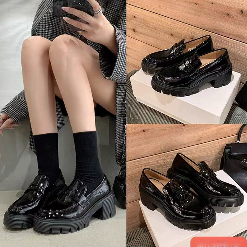 Women's 7cm Height Increase SW Genuine Leather Chunky Heel Loafer Shoes for Commute JK Style