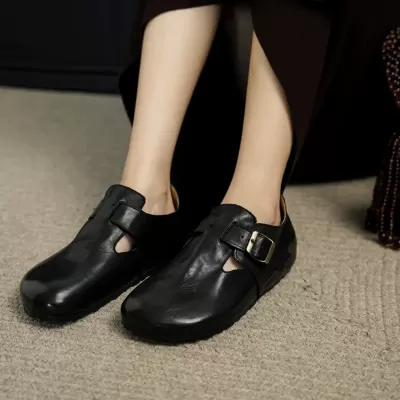 Women's Retro Distressed Thick Sole Soft Leather Birkenstock Shoes, Casual Buckle Mules