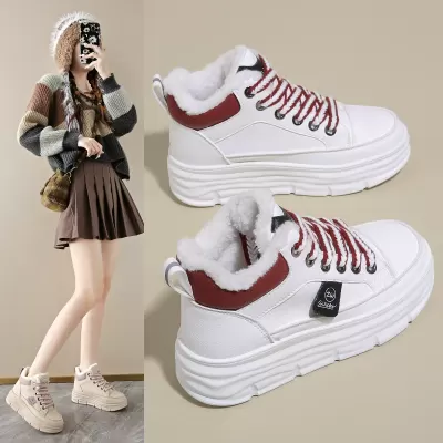 Winter Fleece-Lined High-Top White Sneakers for Women Korean Warm Thick Sole Casual Board Shoes W3627
