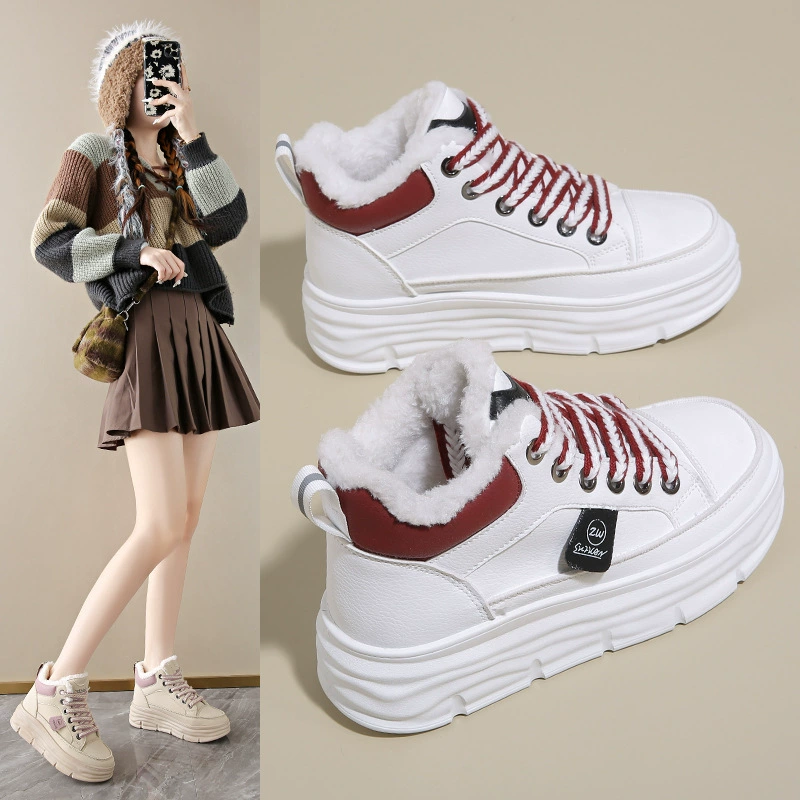 Winter Fleece-Lined High-Top White Sneakers for Women Korean Warm Thick Sole Casual Board Shoes W3627