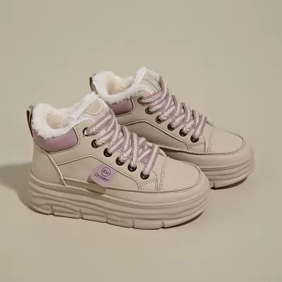 Winter Fleece-Lined High-Top White Sneakers for Women Korean Warm Thick Sole Casual Board Shoes