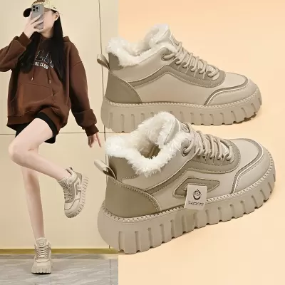 Women's Winter High-Top Shoes with Fleece Lining, Casual Thick Sole Sneakers Model 12261-1