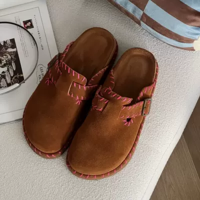 Women's New Retro Thick Sole Slip-On Toe-Cover Mules, Suede Leather Casual Birkenstock