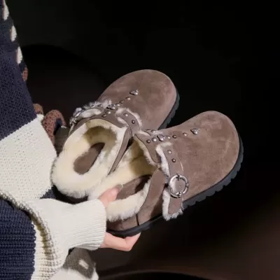 Women's European 2025 Winter Toe-Cover Birkenstock Cotton Shoes, Retro Thick Sole Fur
