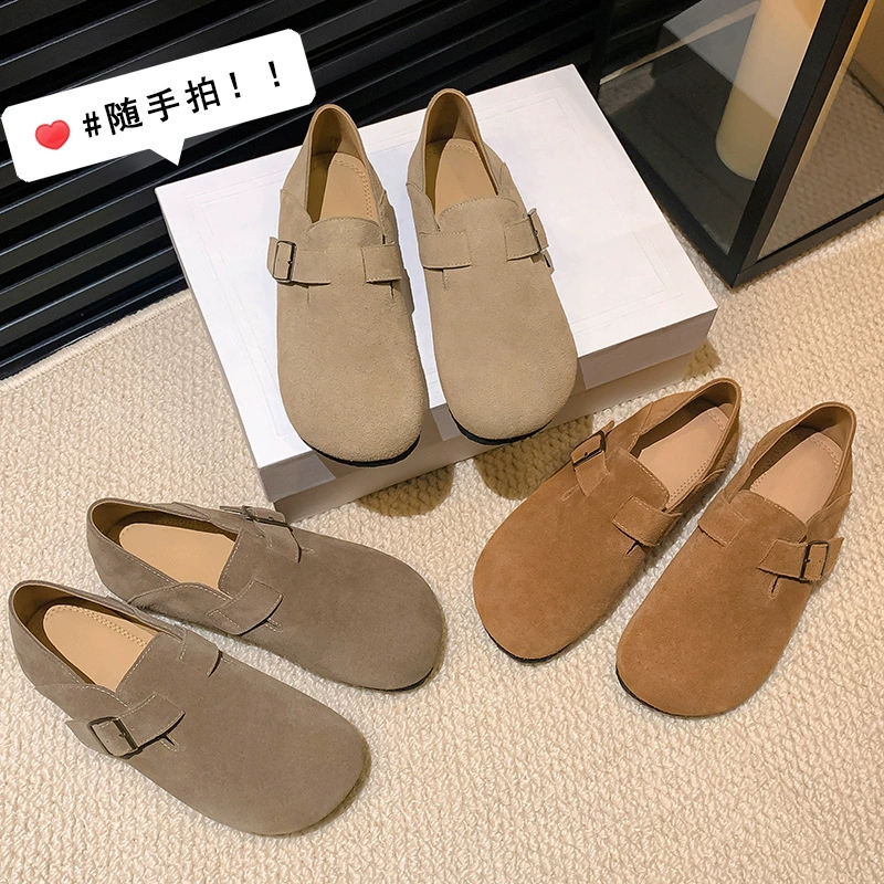 New Women's Felt Flat Round Toe Mule Clog Flat Shoes in Genuine Leather for Fall
