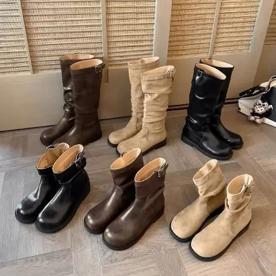 Women's Korean Blogger Style Round Toe Pleated Buckle Chunky Heel Stacked Mid-Calf Long Boots for Fall Winter