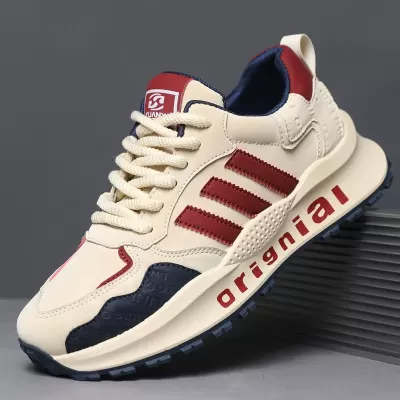 Men's Breathable Genuine Leather Casual Sneakers, Three-Stripe Thick Sole Dad Shoes 2024