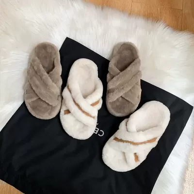 New Women's Fur Slides Cross Strap Patchwork Warm Casual Thick Sole Slippers for Fall Winter