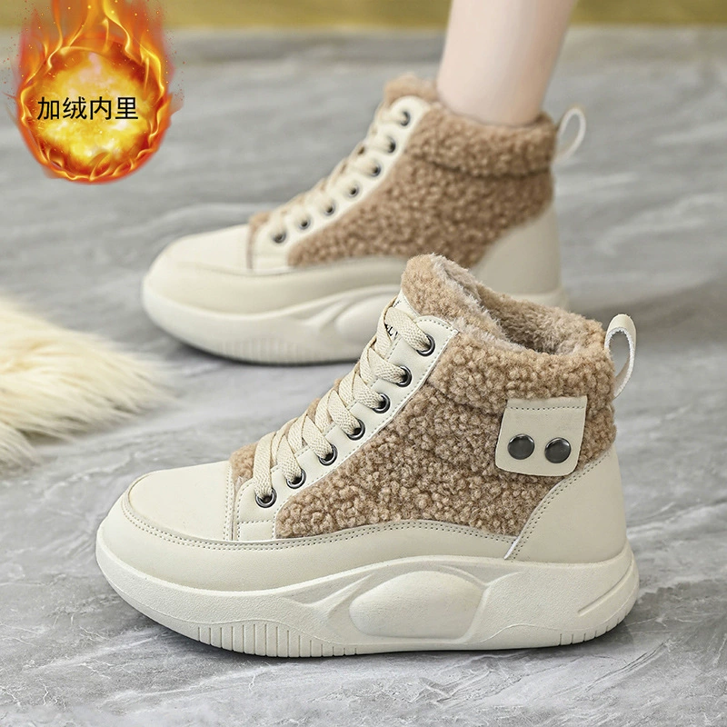 Damen Winter High-Top weiße Schuhe mit Fleece-Futter, dicke Sohle Schneestiefel für Studenten