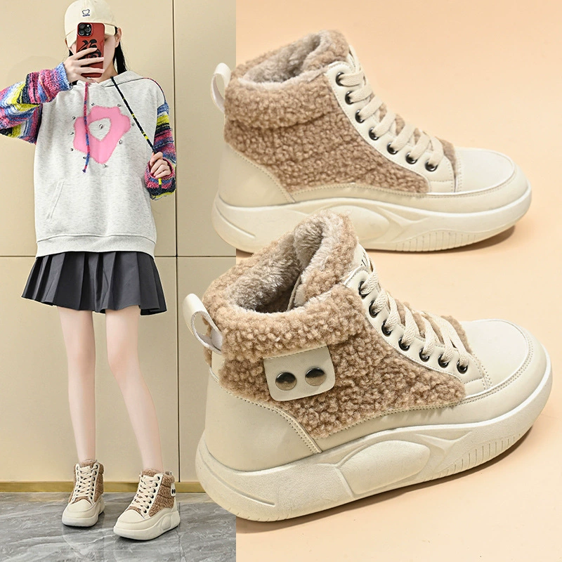 Women's Fleece Lined High-Top White Shoes Winter 2025, Korean Style Casual Cotton Sneakers