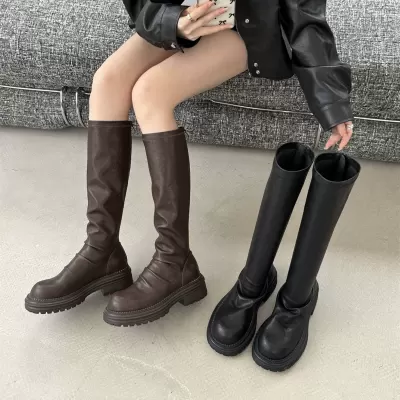 New Women's Stretch Pleated Round Toe Chunky Heel Stacked Slim Mid-Calf Riding Boots for Fall Winter