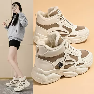 Women's Fleece Lined Dad Shoes Winter 2024, Korean Style High-Top Casual Cotton Sneakers A09