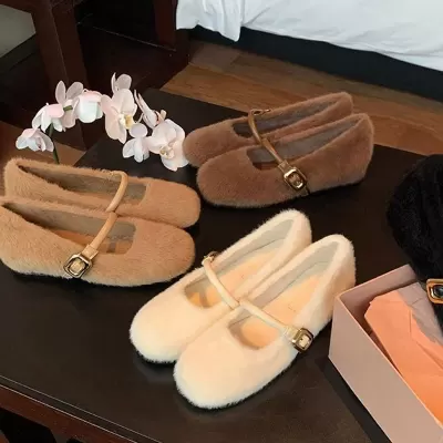 New Women's Ballet Style One-Strap Inner Height Fur Mary Jane Shoes for Fall Winter