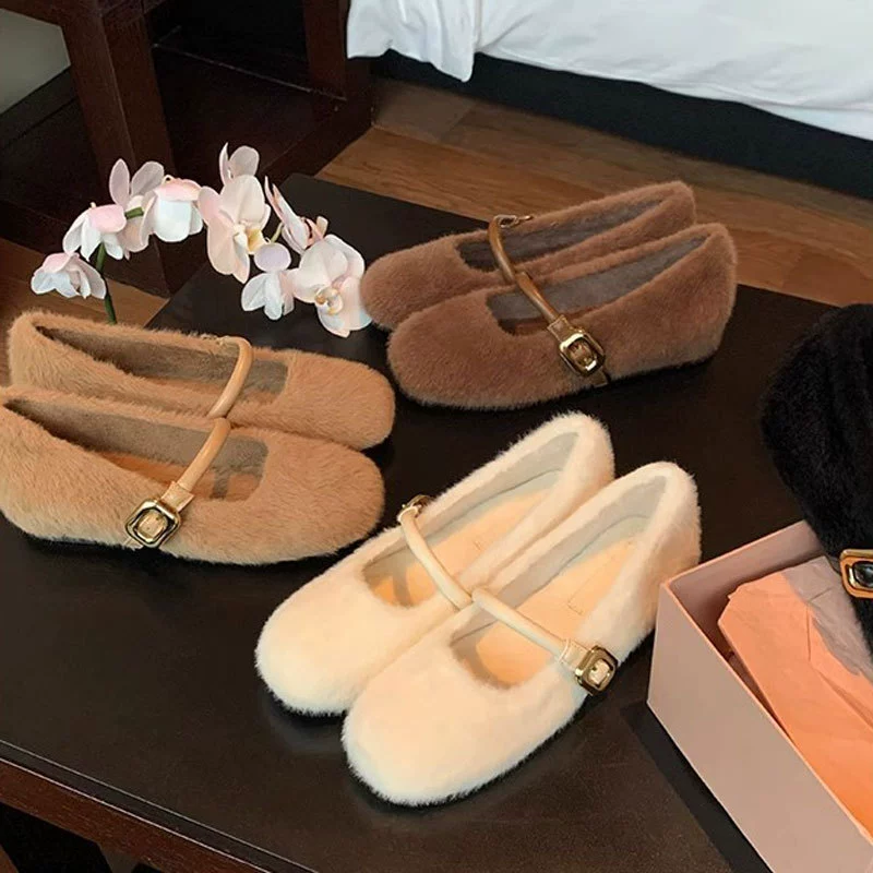 New Women's Ballet Style One-Strap Inner Height Fur Mary Jane Shoes for Fall Winter