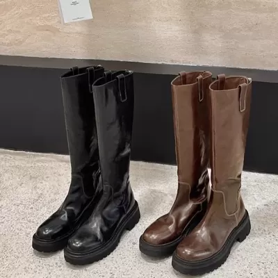 New Women's Horsehide Round Toe Thick Sole Chunky Heel Slim Mid-Long Riding Boots for Fall Winter · YANYAN China shoe factory