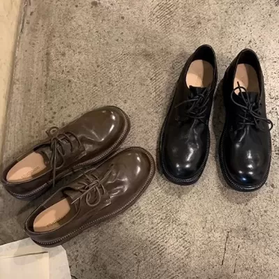 New Women's Washed Shrunken Horsehide Derby British Style Loafer Lace-Up Shoes in Leather