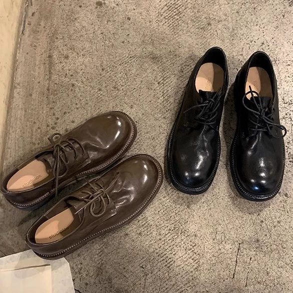 New Women's Washed Shrunken Horsehide Derby British Style Loafer Lace-Up Shoes in Leather