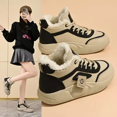 Women's Fleece Lined High-Top White Shoes Winter 2024, Korean Style Casual Cotton Sneakers