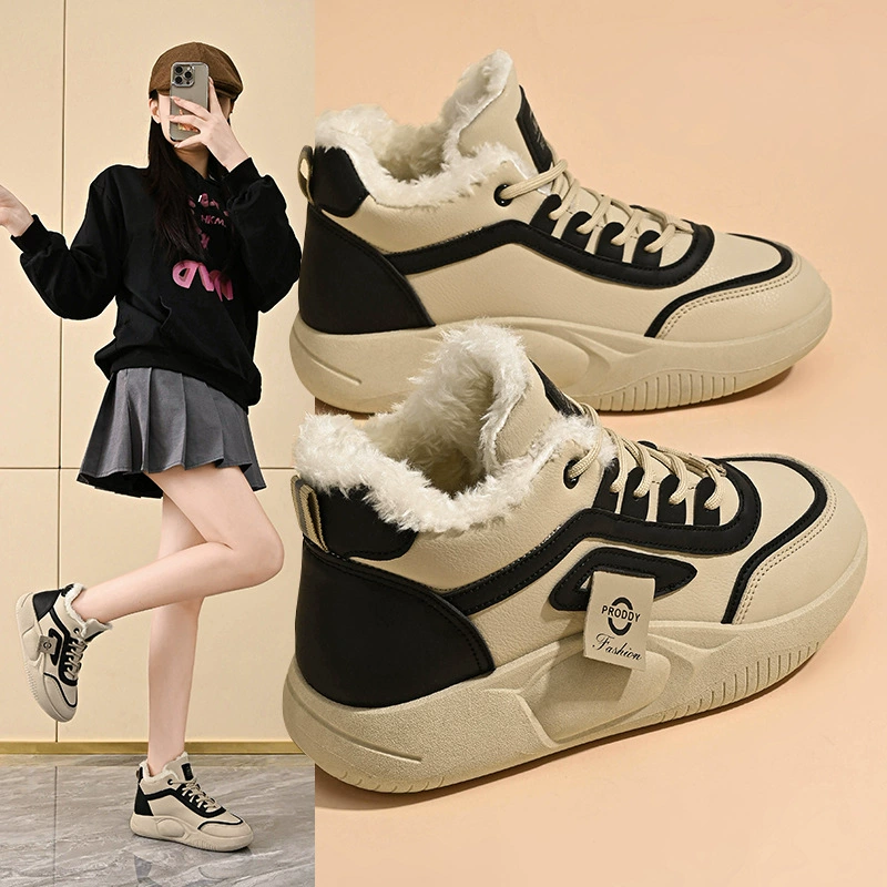 Women's Fleece Lined High-Top White Shoes Winter 2024, Korean Style Casual Cotton Sneakers