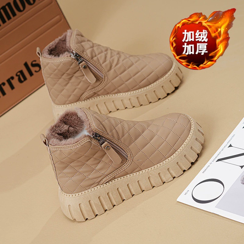 Damen Schneestiefel Winter 2024, Fleece-gefütterte kurze Knöchel Baumwollschuhe mit dicker Sohle