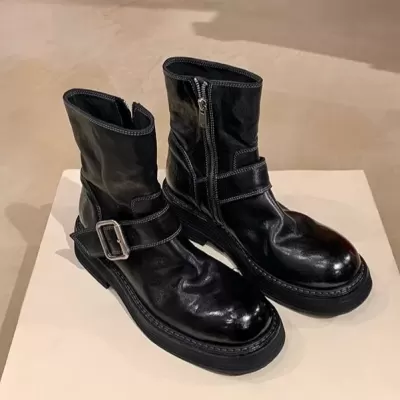 New Women's Washed Shrunken Horsehide Side Zip Belt Buckle Motorcycle Short Boots for Fall Winter · YANYAN China shoe factory