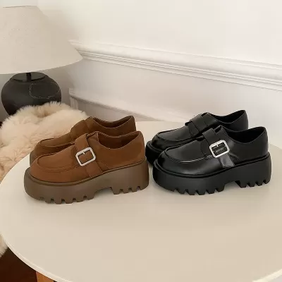 New Women's Suede Loafer Big Round Toe British Vintage Buckle Height Increasing Thick Sole Shoes