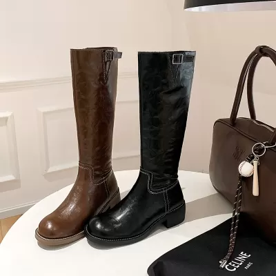 New Women's Washed Horsehide Vintage Chunky Heel Buckle High Calf Long Boots Riding Boots for Fall Winter