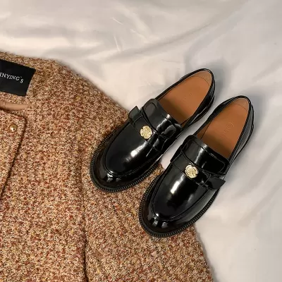 New Women's Genuine Leather Camellia Gold Buckle Round Toe Slip-On Chunky Heel Loafer Shoes for Fall