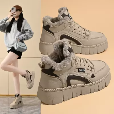Women's High-Top White Shoes Winter 2025, Fleece Lined Korean Style Casual Cotton Sneakers