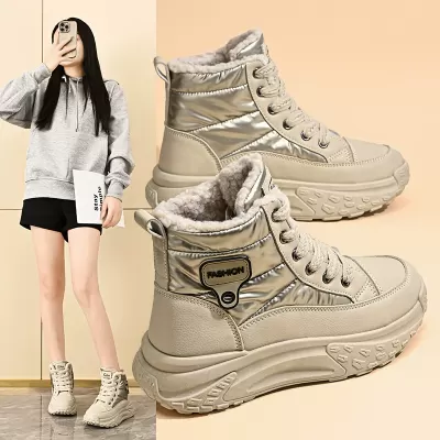 Women's Winter Fleece Lined High-Top Shoes, Korean Style Thick Sole Casual Dad Sneakers