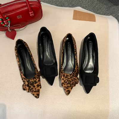 New Women's Pointed Toe Square Buckle Suede Leopard Print Flats for Spring Commute