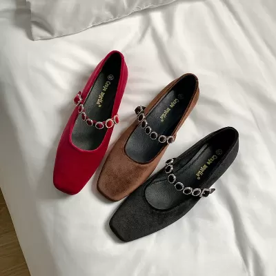 New French Square Toe Low Heel Mary Jane Shoes with Rhinestone Strap